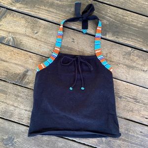 Vintage 525 America Black Beaded Halter Crop Top Tank